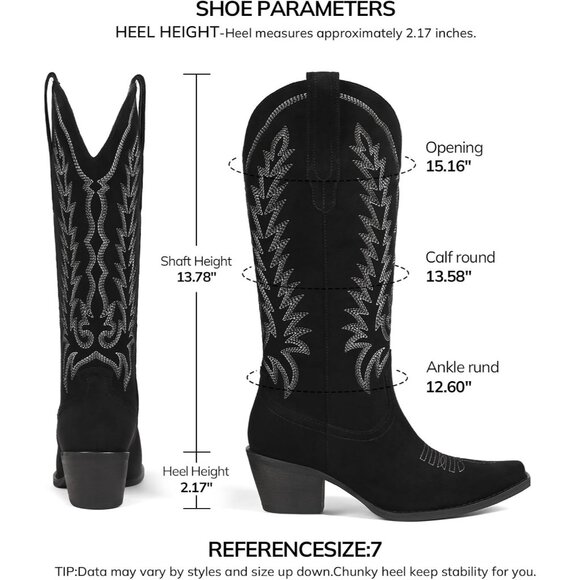 Women's Black Suede Western Knee High Pointed Toe Chunky Heel Cowgirl Tall Boots - Picture 5 of 6